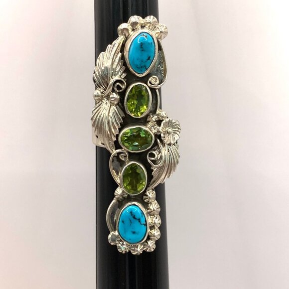 Big Peridot Turquoise Sterling Silver Elongated Handmade Navajo Ring Sz 9 J878 - Picture 9 of 12